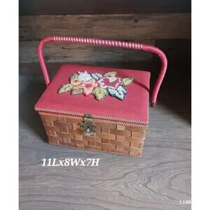 Floral Embroidered Mid Century Wicker Sewing Box Fabric Lining